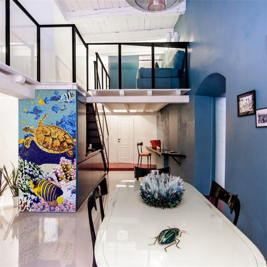 Beautiful hand cut turtle animal glass mosaic, custom tiled 