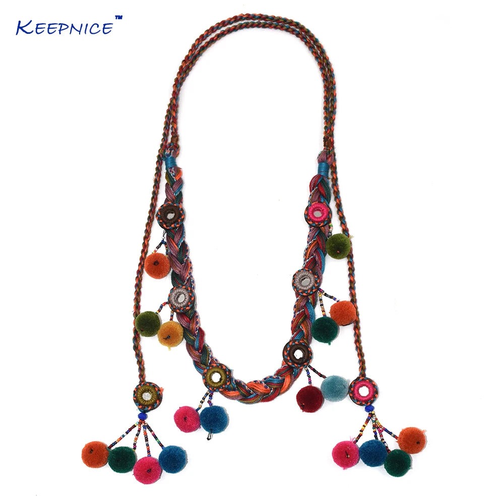 Dây Chuyền Boho Handmade Pompom Dài Hạt Cườm Phối tua