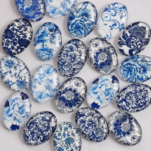 Oval Blue White Porcelain Flat Bottom DIY Jewelry 13-40mm