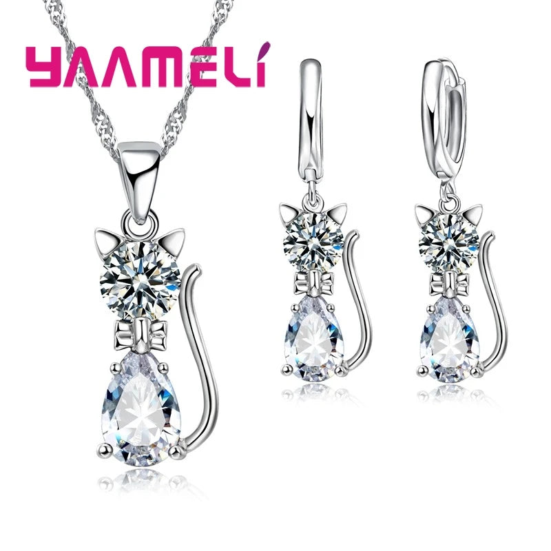 925 Silver Jewelry Set - Cute Cat with Austrian Crystal