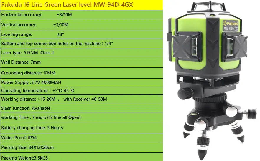 New Fukuda Professional 16 Line 4D Laser Level Japan Sharp Green 515NM Beam 360 Vertical And Horizontal Self-leveling Cross - Daisan Mart
