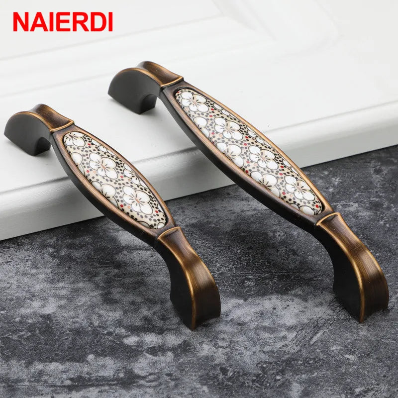 NAIERDI Vintage Bronze Ceramic Cabinet Handles Antique Drawer Knobs Wardrobe Door Handles European Furniture Handle Hardware - Daisan Mart