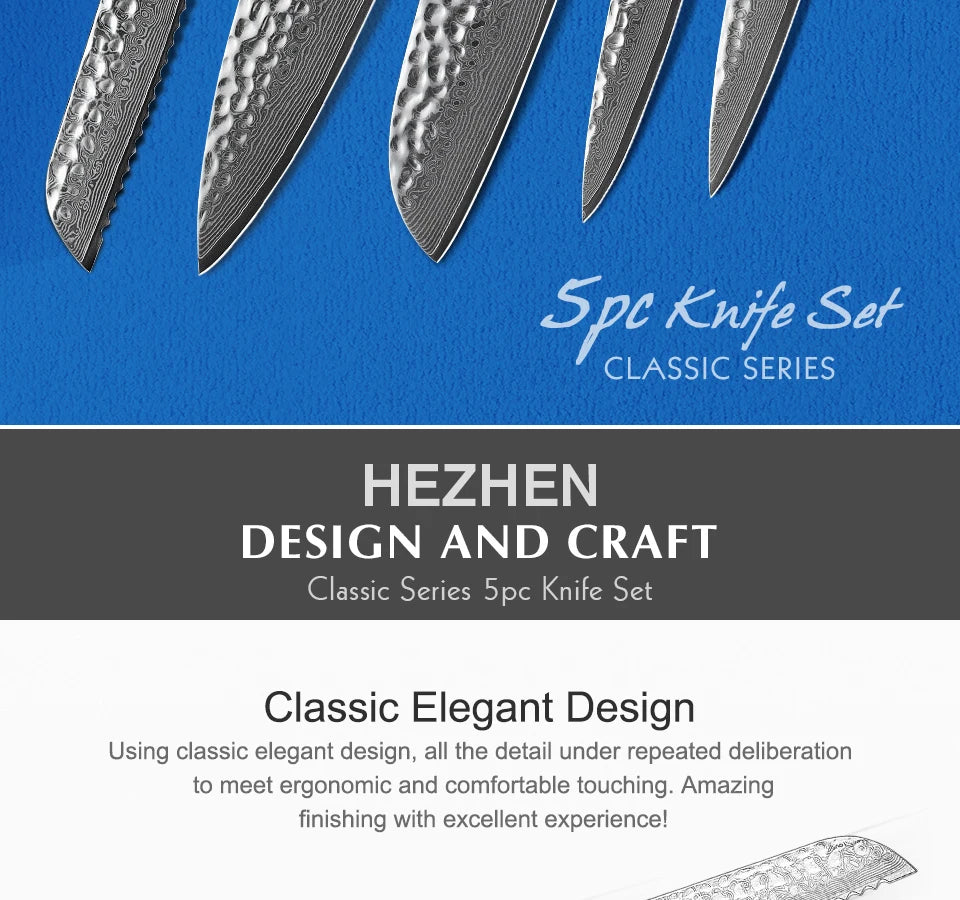 Bộ Dao Bếp Nhật HEZHEN - Thép Damascus Tay Cầm Gỗ