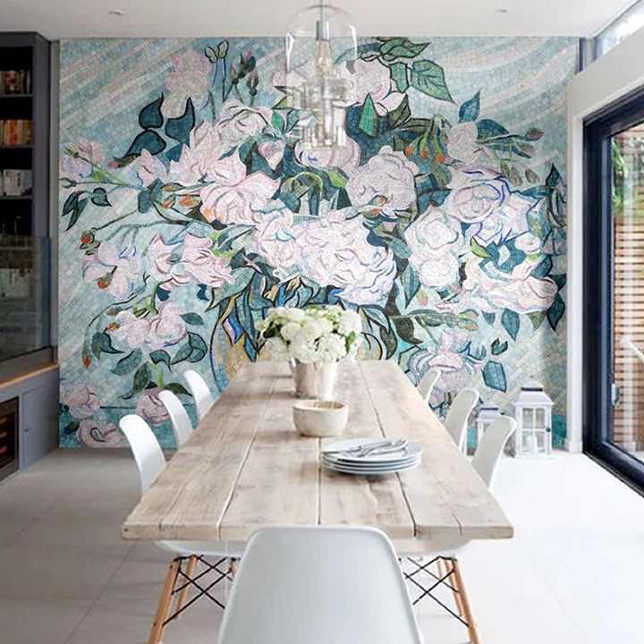 Hand cut glass wall painting flower living room fashion mosaic art 