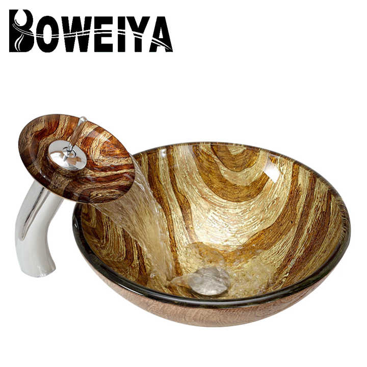 Classic round wash basin faucet with yellow zebra pattern, hot and cold wash basin, glass art wash basin 