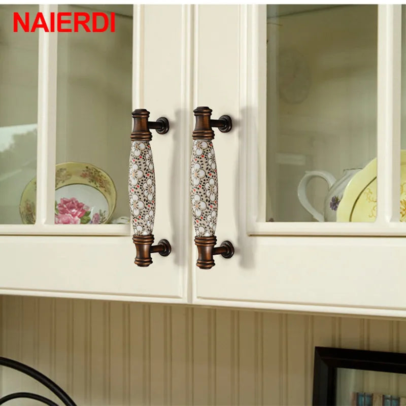 NAIERDI Vintage Bronze Ceramic Cabinet Handles Antique Drawer Knobs Wardrobe Door Handles European Furniture Handle Hardware - Daisan Mart