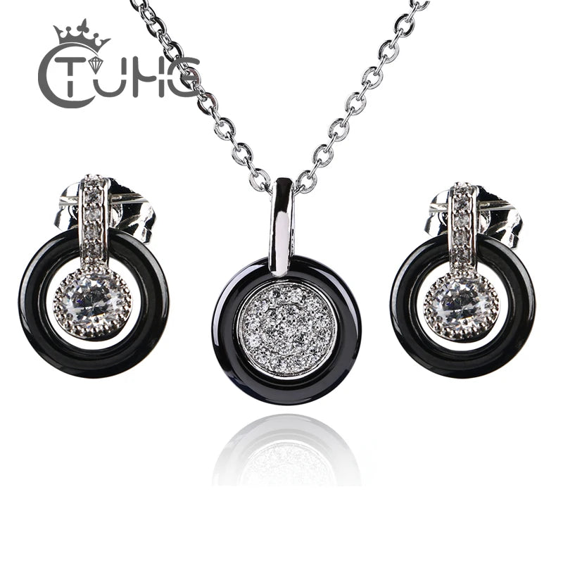 Luxurious Silver Ceramic Jewelry Set with Zircon Stones for Party
