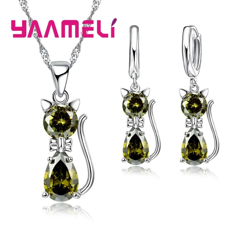 925 Silver Jewelry Set - Cute Cat with Austrian Crystal