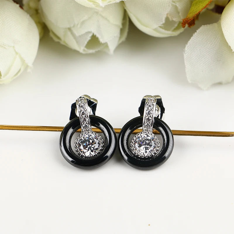 Luxurious Silver Ceramic Jewelry Set with Zircon Stones for Party