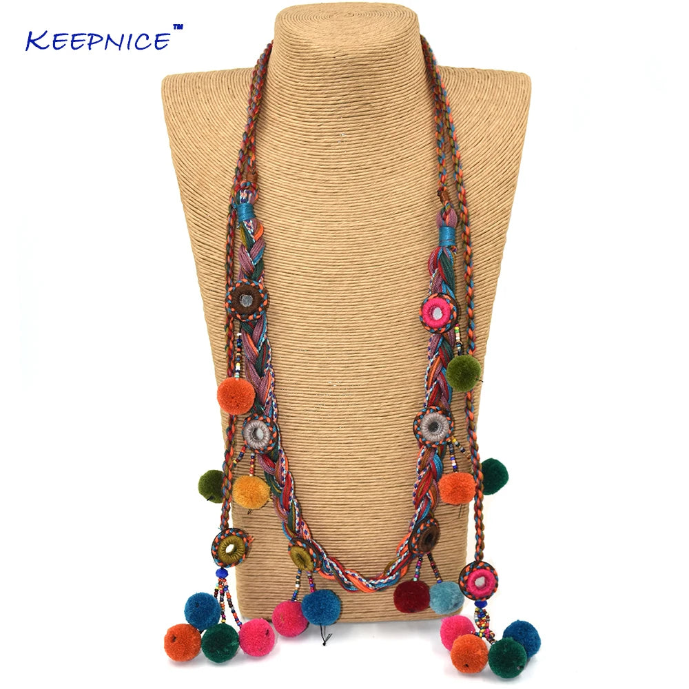 Boho Handmade Pompom Long Beaded Tassel Necklace