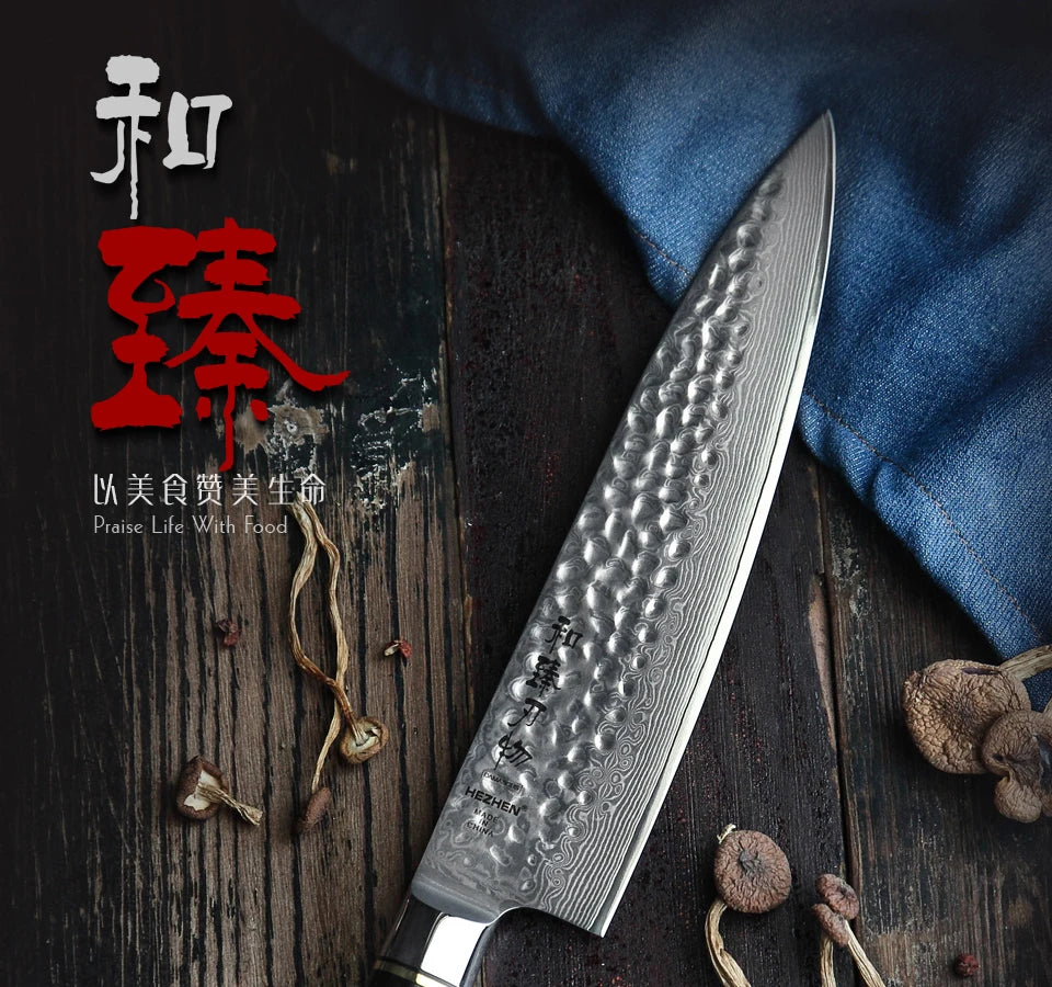 Bộ Dao Bếp Nhật HEZHEN - Thép Damascus Tay Cầm Gỗ