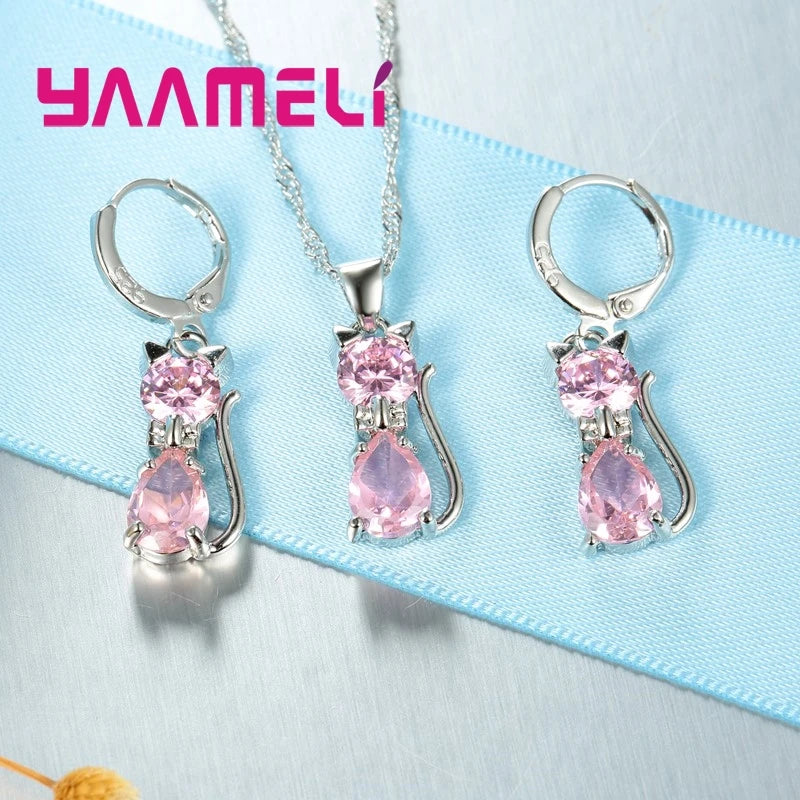 925 Silver Jewelry Set - Cute Cat with Austrian Crystal