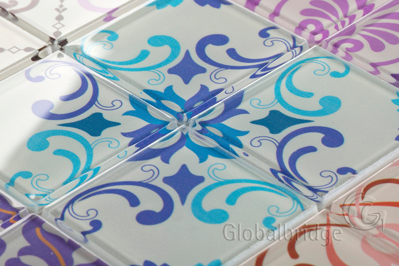 Colorful inkjet printed crystal glass mosaic tiles decorative glass wall art 