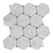 Large hexagonal white Carrara marble mosaic floor and wall tiles interior background