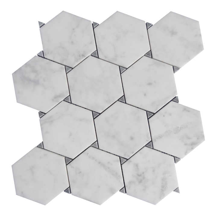 Large hexagonal white Carrara marble mosaic floor and wall tiles interior background