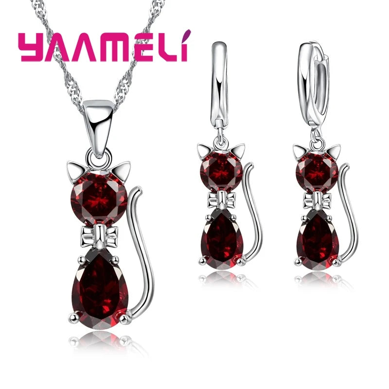 925 Silver Jewelry Set - Cute Cat with Austrian Crystal