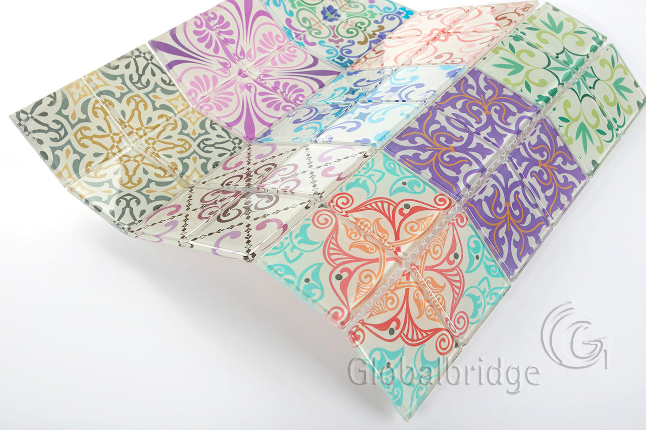 Colorful inkjet printed crystal glass mosaic tiles decorative glass wall art 