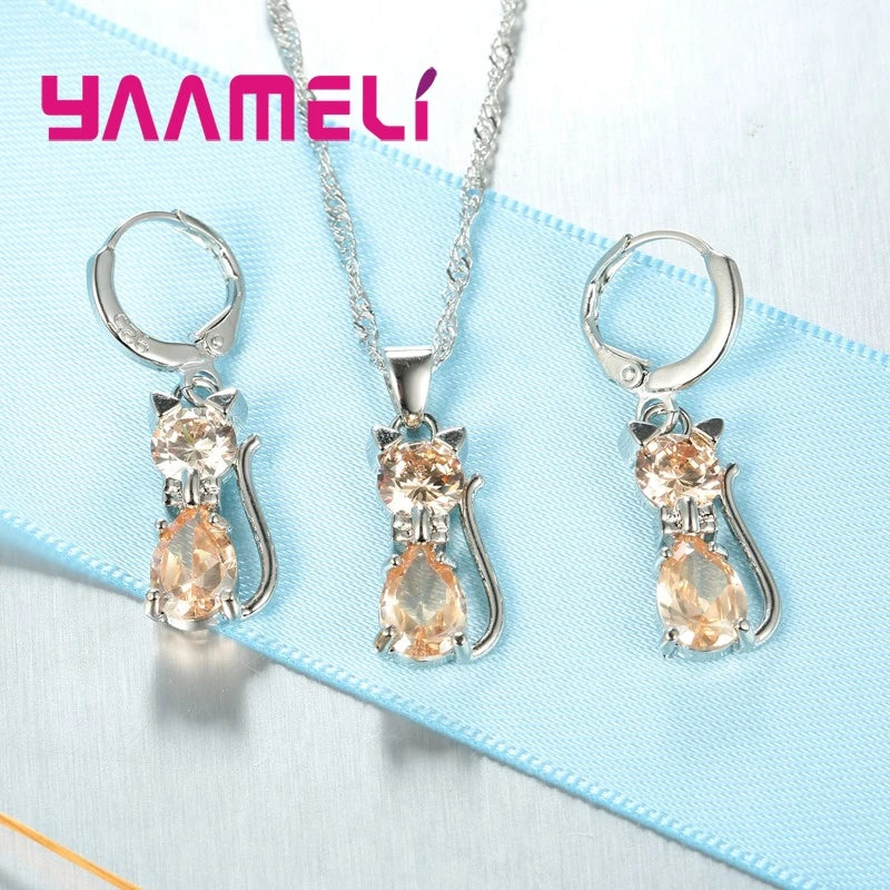 925 Silver Jewelry Set - Cute Cat with Austrian Crystal