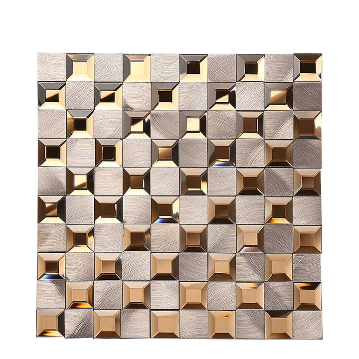 Decorative wall tiles made of aluminum mixed with 3D mirror glass with luxurious rose gold border