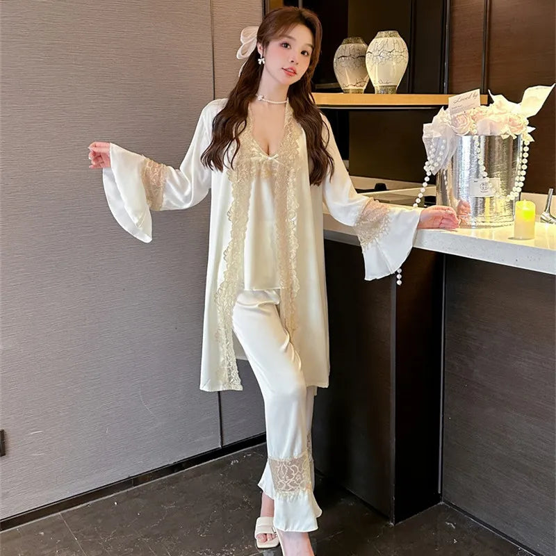 3-Piece Sexy Silk Pajamas Set for Women with Thin Straps