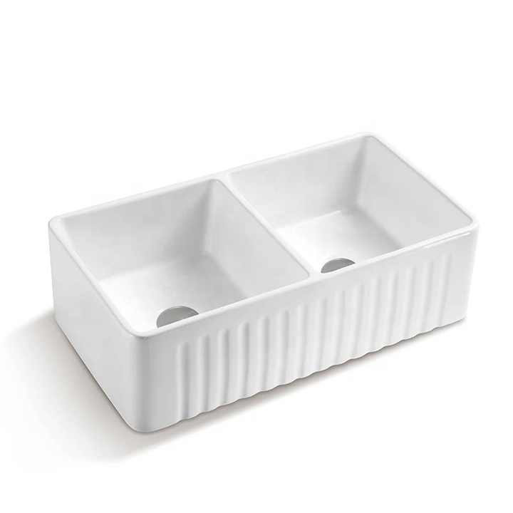 Aquacubic UPC 33 inch large double bowl sink in white ceramic 