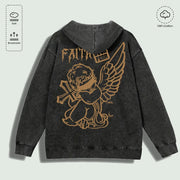 Áo hoodie đen có hình thiên thần nâu và chữ, chất liệu cotton, mềm mại, thoáng khí.