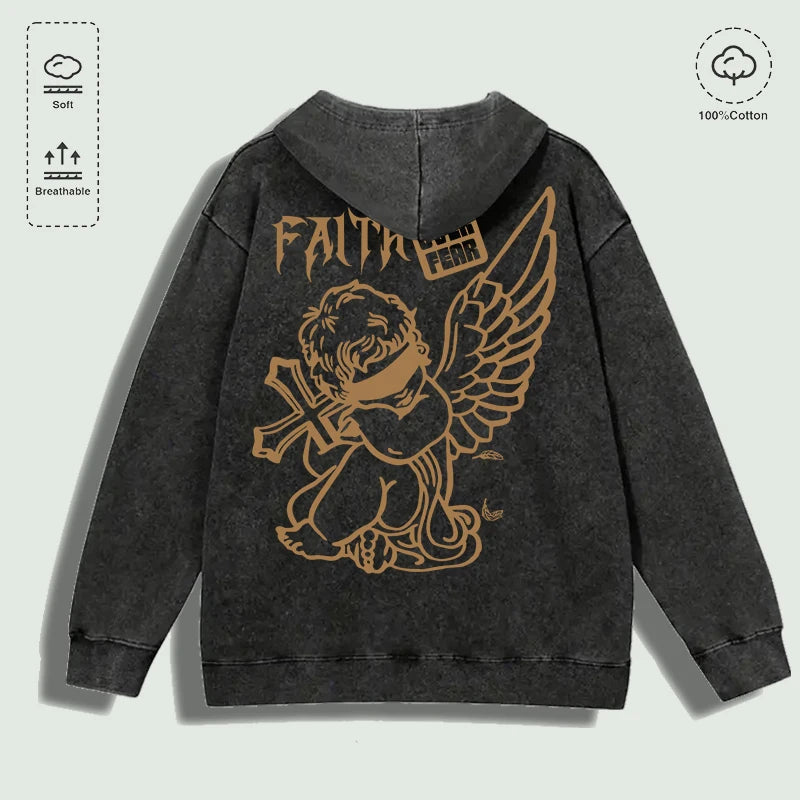 Áo hoodie đen có hình thiên thần nâu và chữ, chất liệu cotton, mềm mại, thoáng khí.