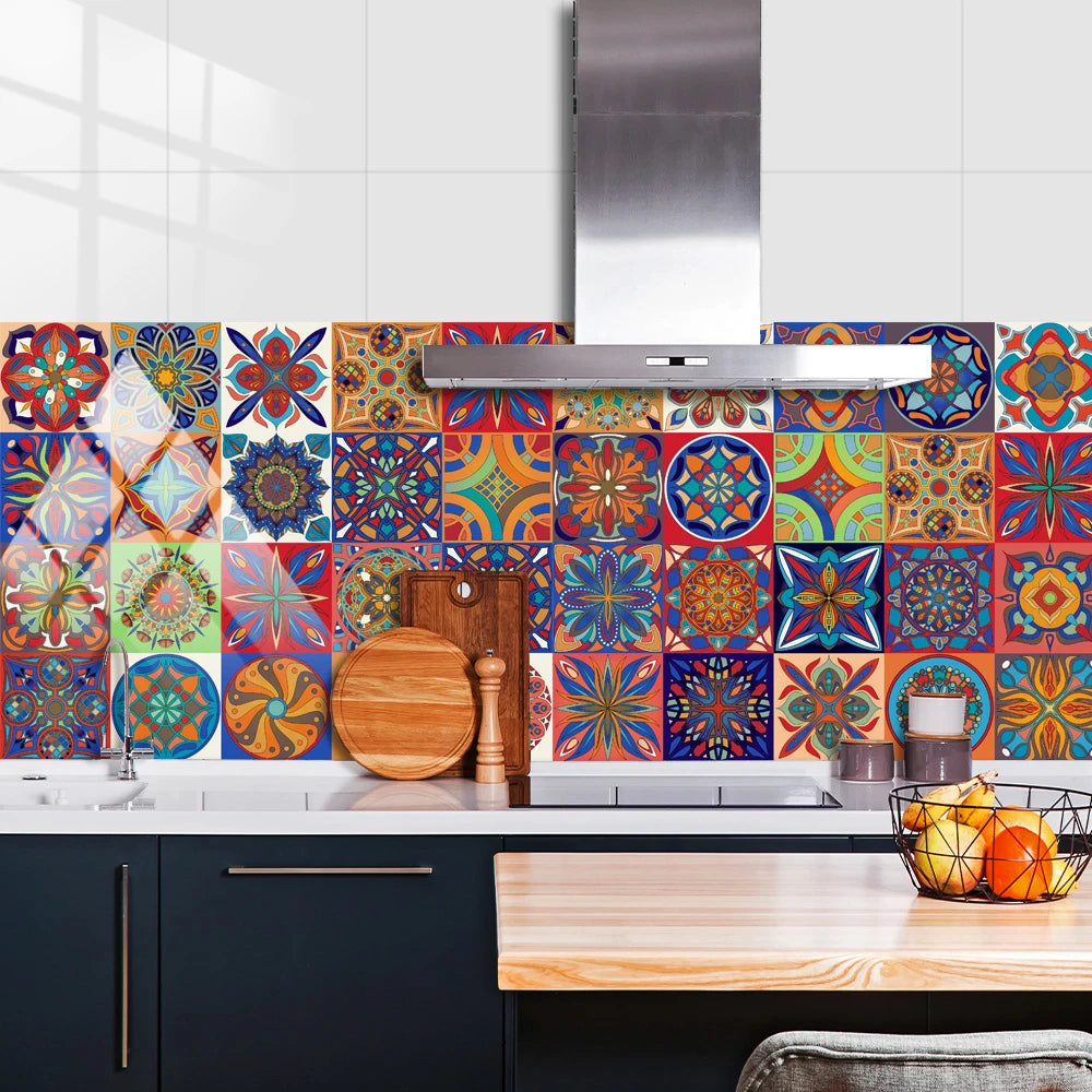 Colorful Mandala Style Strip Tiles Wall Sticker Kitchen Wardrobe Bathroom Waterproof Wallpaper Peel &amp; Stick Art Wall Decals