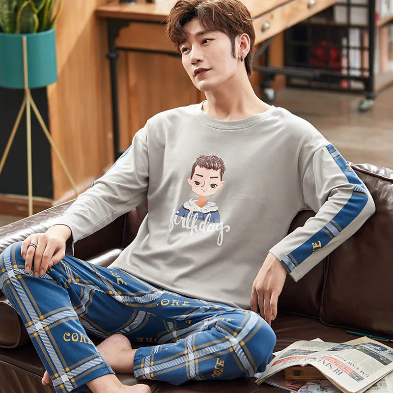 Men's Autumn Winter Cartoon Warm Striped Pajama Set