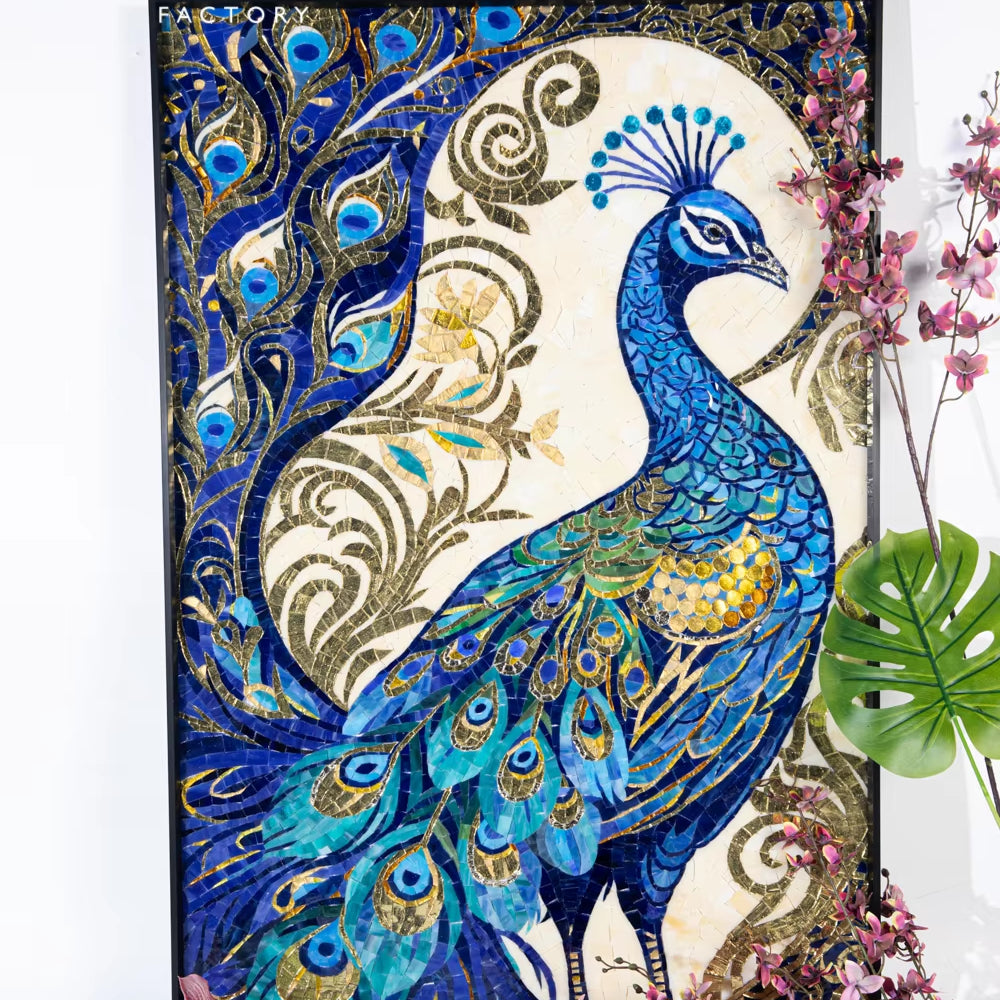 Natural Stone And Glass Mosaic Painting Peacock For Wall Decoration