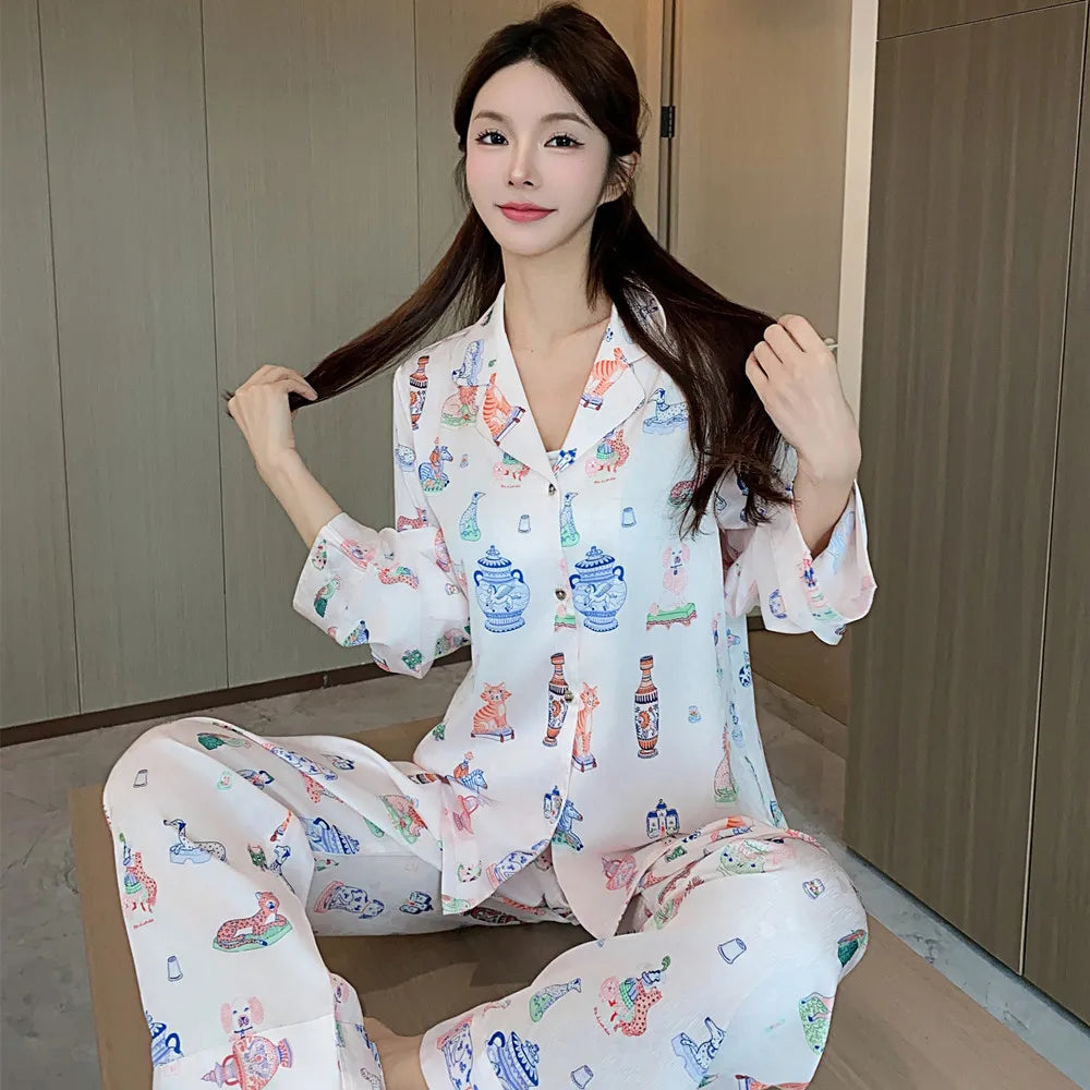 Women's Spring 2024 Pajamas - Pink Silk Printed Pattern