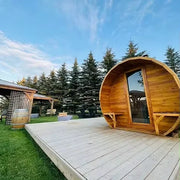 HELIUS Ready 6 person cheap outdoor red cedar steam sauna traditional electric heater barrel sauna with half glass and porch