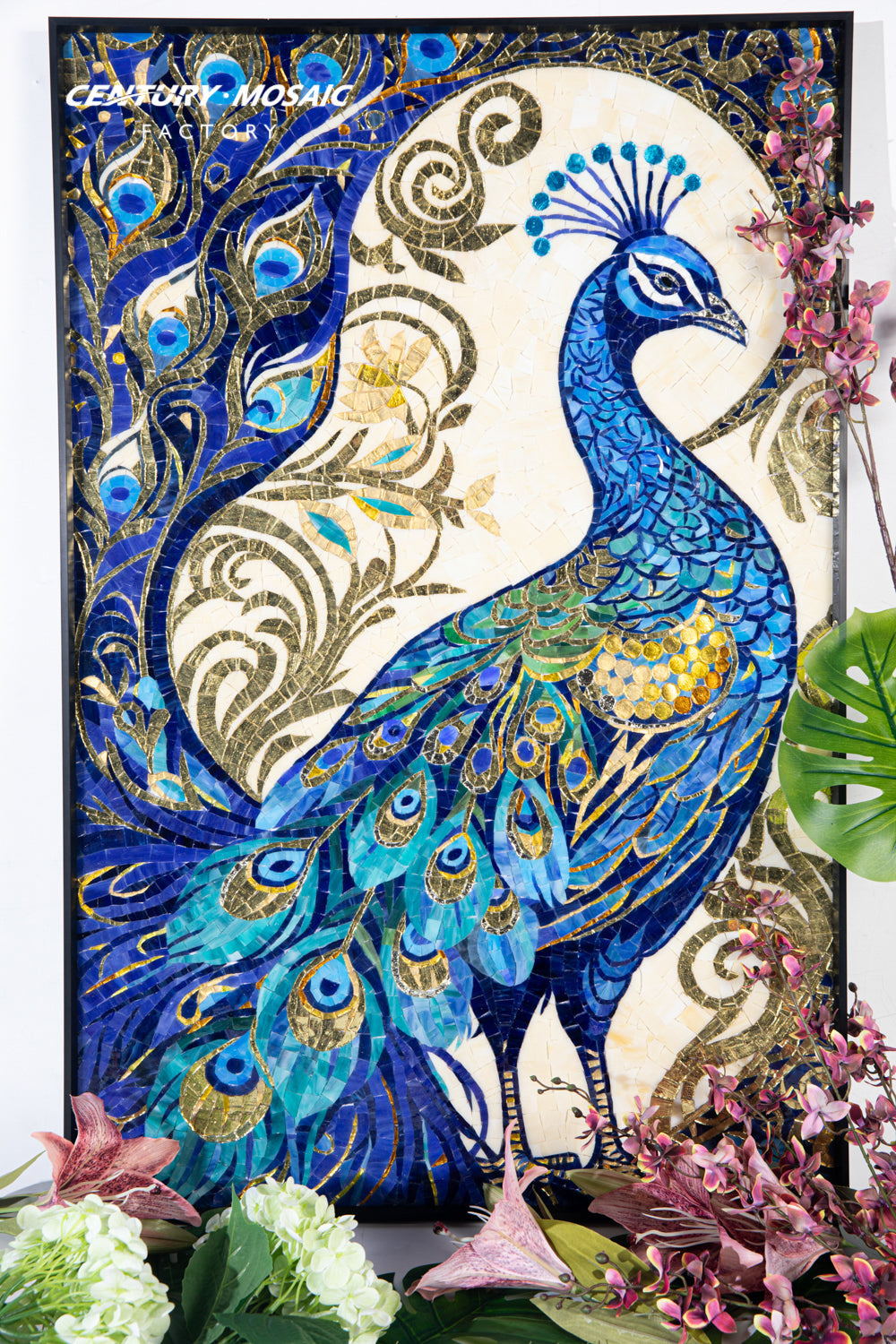 Natural Stone And Glass Mosaic Painting Peacock For Wall Decoration