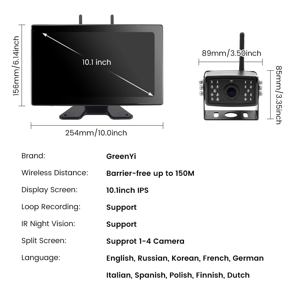 10'' wireless AHD touch screen &amp; rear camera