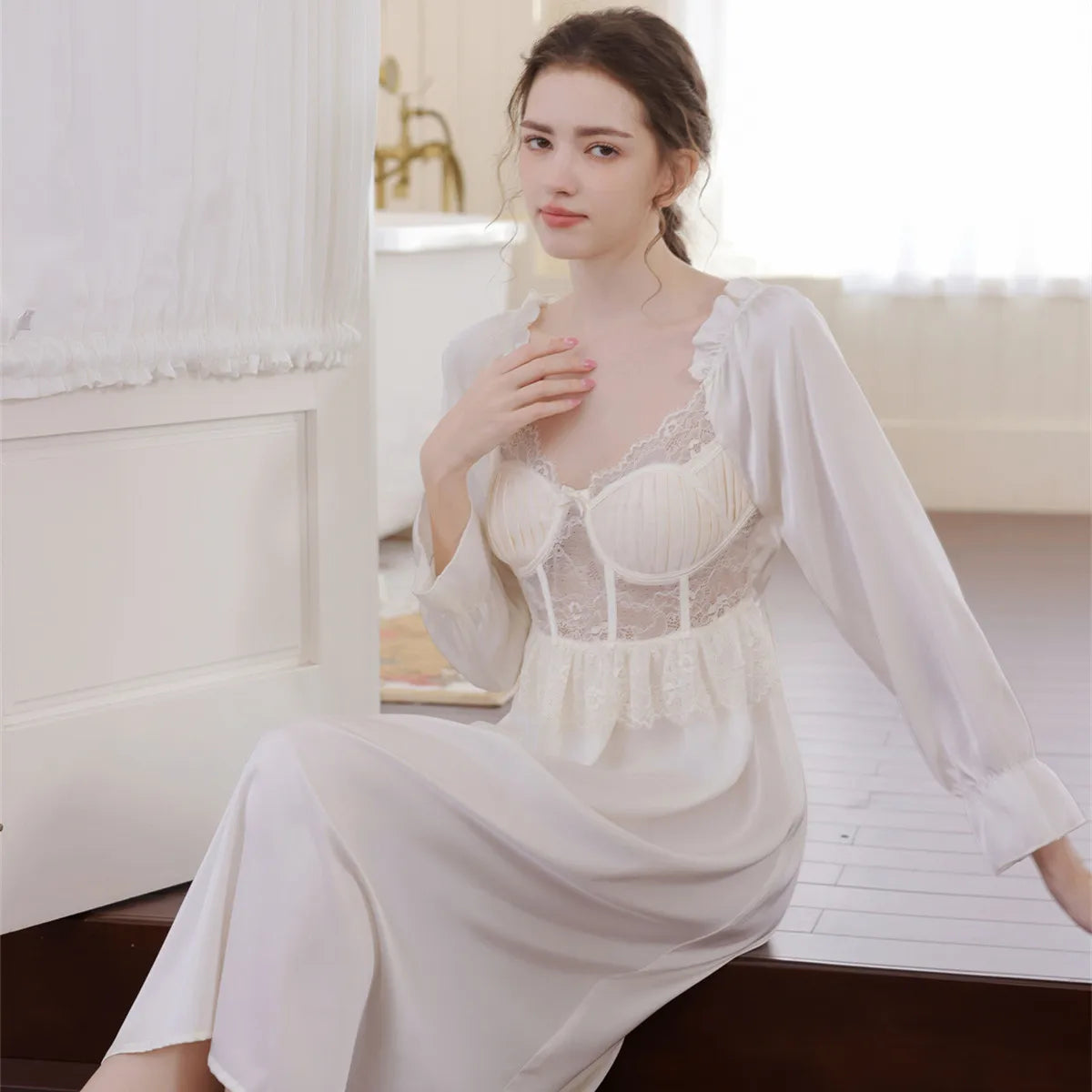 Elegant Nightgown with Soft Square Neck Long Sleeve Lace