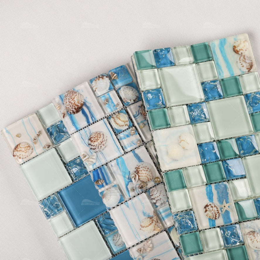 Wholesale square green mosaic tiles, shell, crystal resin 