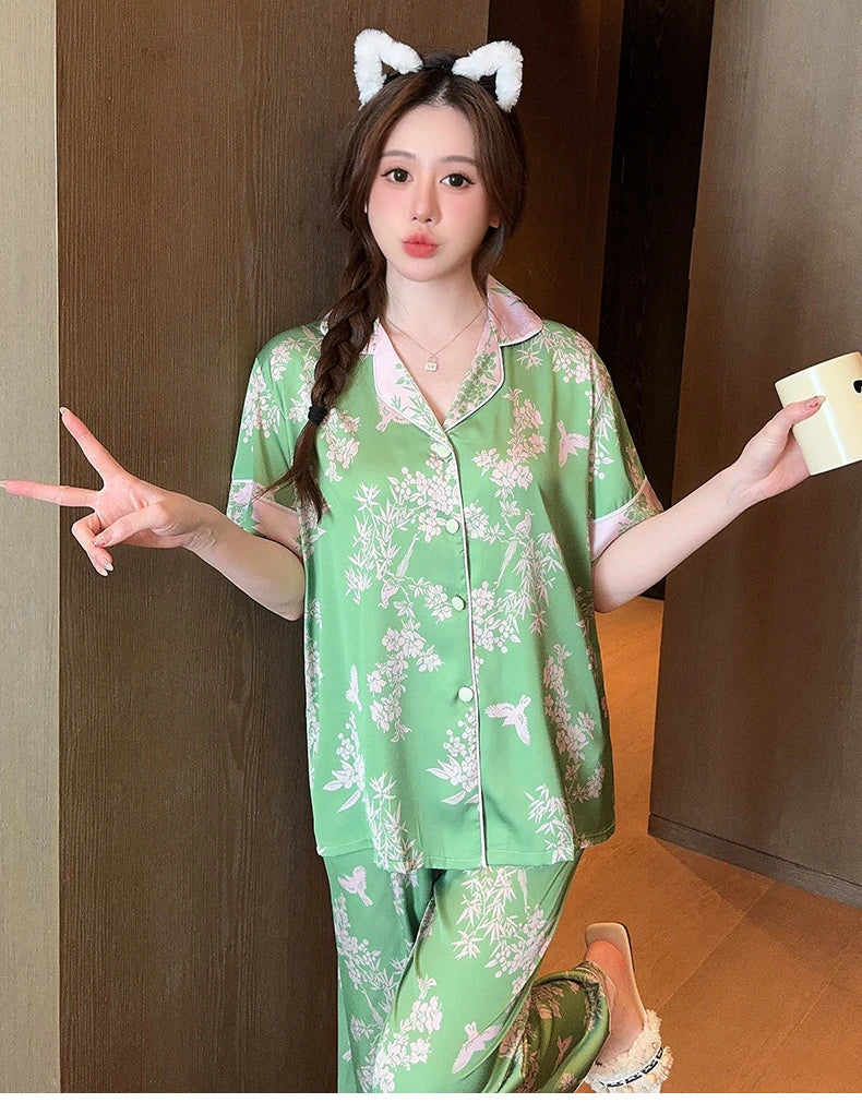 Bộ Đồ Ngủ Lụa Nhân Tạo Mùa Xuân Hè Thanh Lịch