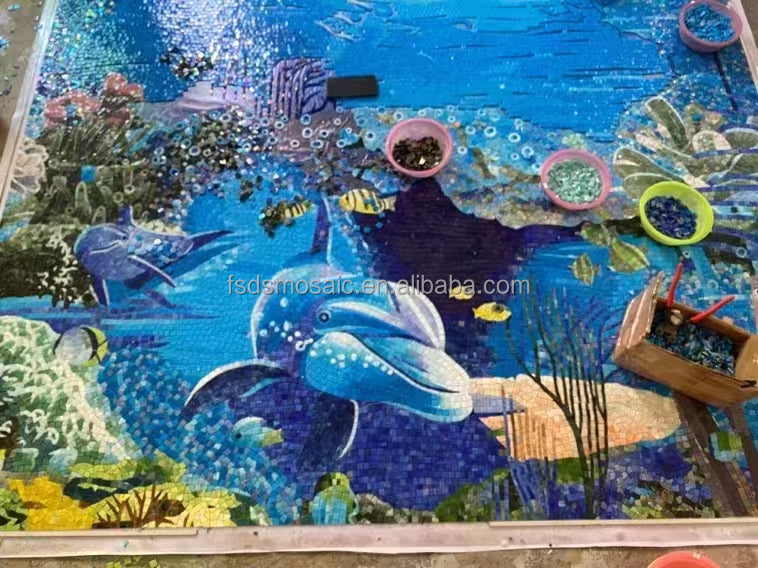 Sea turtle art glass mosaic painting for high-end bathroom decoration 