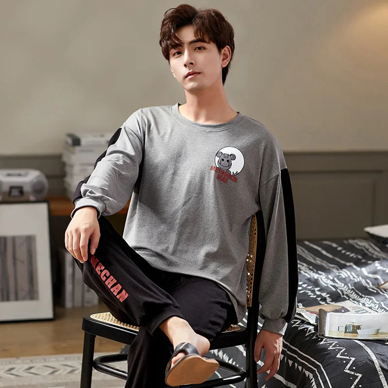 Men's Autumn Winter Cartoon Warm Striped Pajama Set