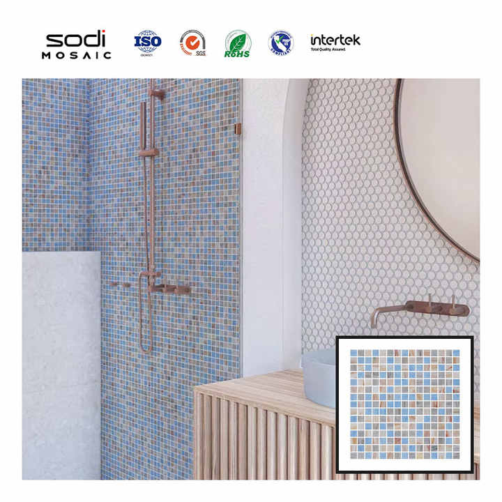 Beige and Blue Summer Style Swimming Pool Wall Mixed Color Modern Glossy Square Mosaic Tile Decoration for Building 