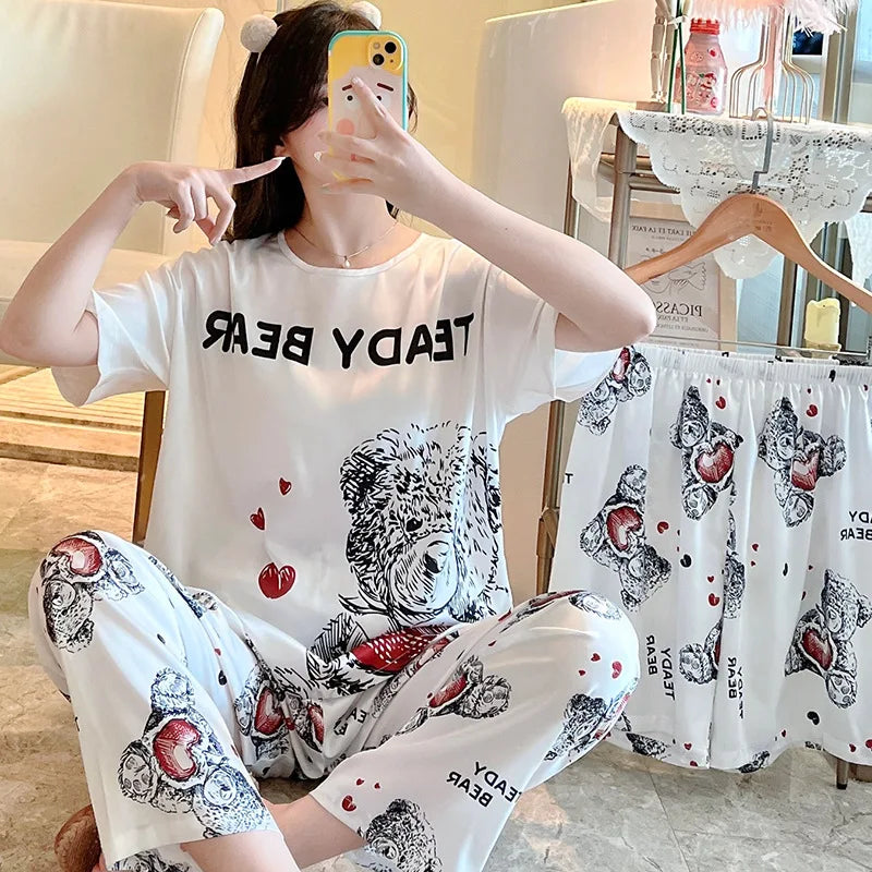 3-Piece Cool Silk Pajamas Set for Women with Cute Patterns