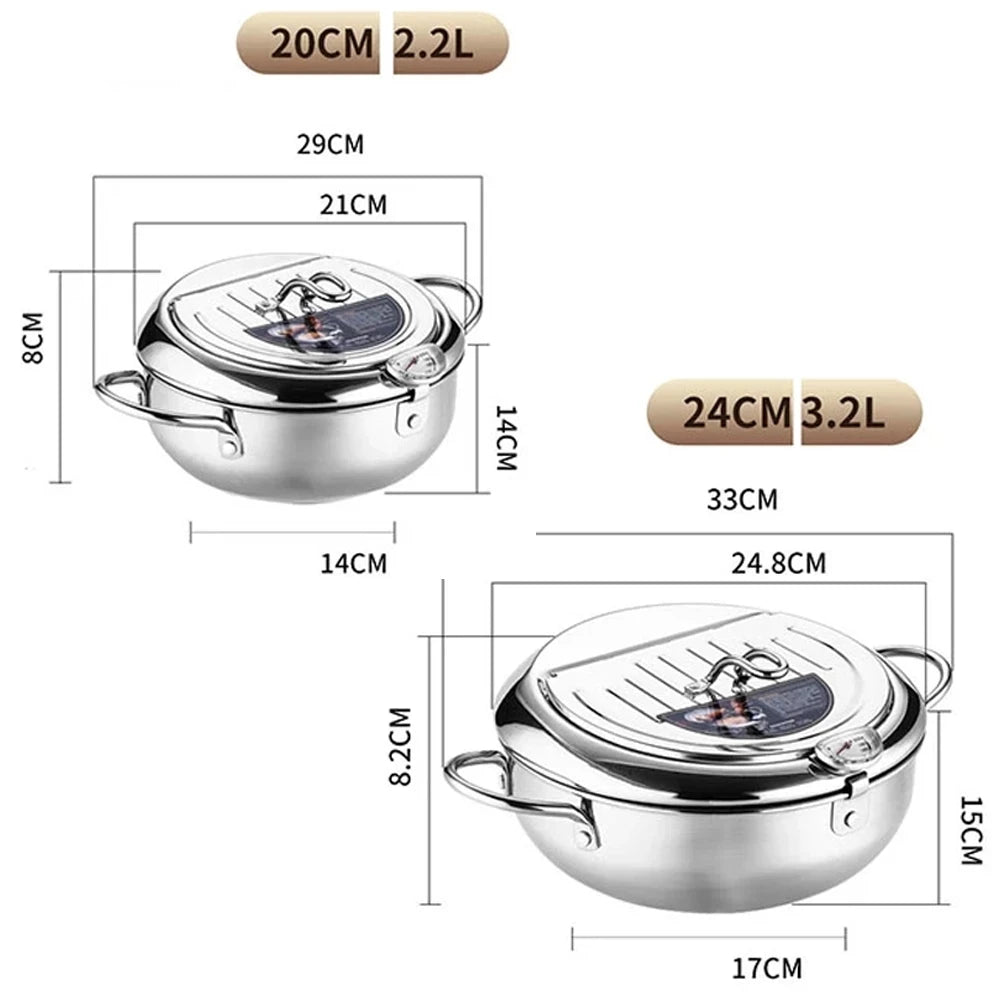 304 Stainless Steel Non-Stick Fryer with Thermometer &amp; Oil Rack