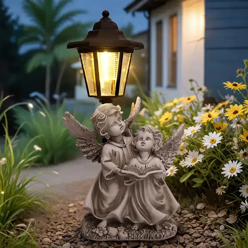 Angel-Themed Resin Decor Solar-Powered Lantern Statue Fairy Style Garden & Outdoor Christmas Display with Animal Ornaments Model - Daisan Mart