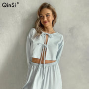QINSI Autumn Stripe Cotton Pajamas for Women Lace up Full Sleeves Short Top Wide Leg Pants Pajama Sets Blue Soft Pijamas Woman