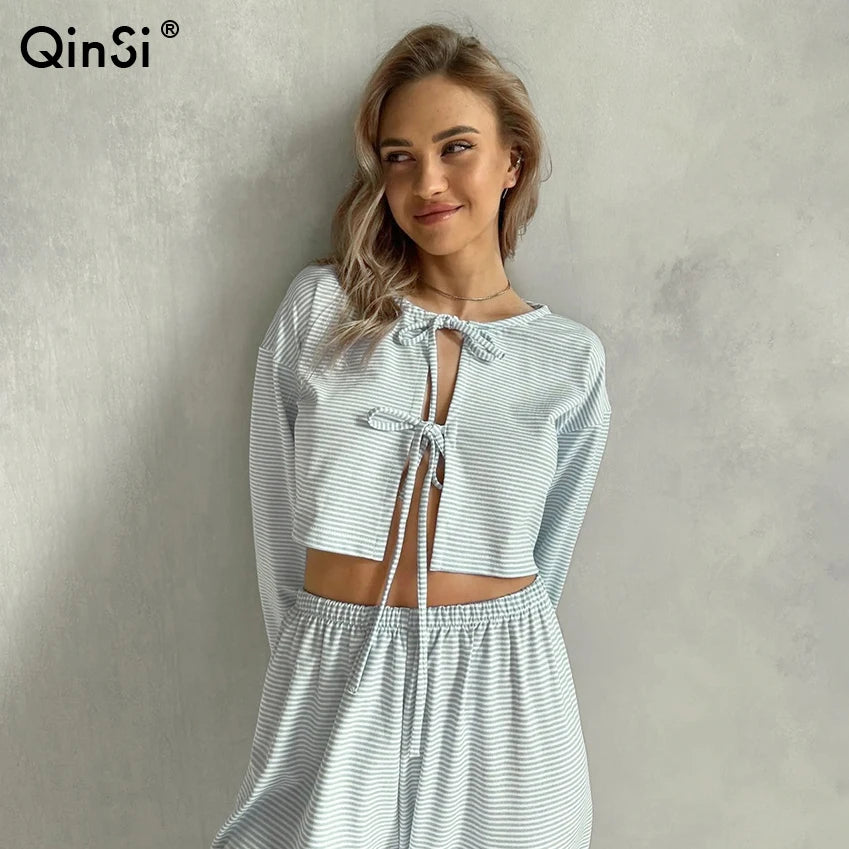 QINSI Autumn Stripe Cotton Pajamas for Women Lace up Full Sleeves Short Top Wide Leg Pants Pajama Sets Blue Soft Pijamas Woman