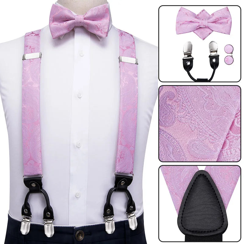 高品質男士紅色花朵絲綢皮革蝴蝶結及皮帶套裝，含6個夾子