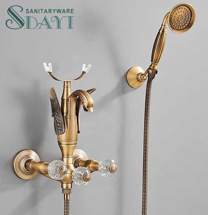 SDAYI Royal Royal Classic Luxury Bathroom Shower Set, Brass Double Handle, Golden Swan Faucet Set for Hotel Villa 
