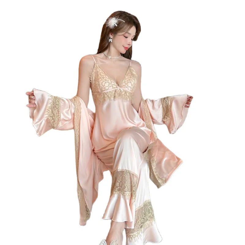 3-Piece Sexy Silk Pajamas Set for Women with Thin Straps