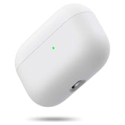 Hộp sạc tai nghe màu trắng với đèn LED xanh nhỏ phía trước.