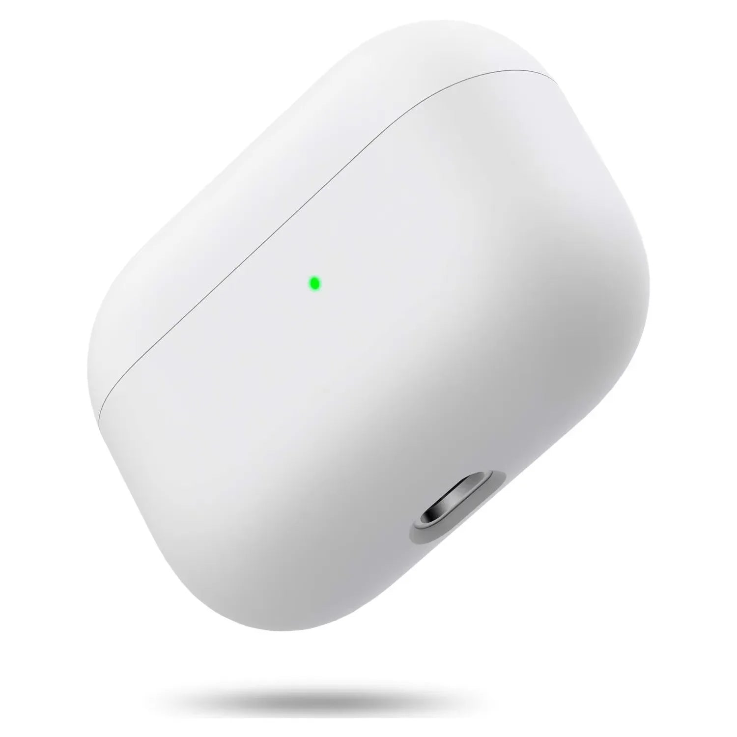 Hộp sạc tai nghe màu trắng với đèn LED xanh nhỏ phía trước.
